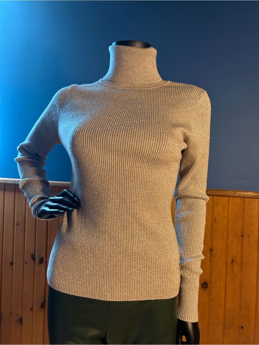 Sparkle Ribbed Turtleneck Sweater - Beige